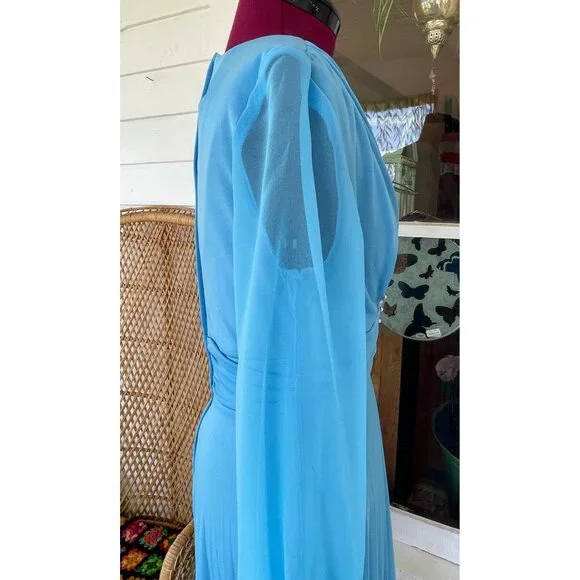 Vintage 1970s Blue Dressy Maxi Dress Pleated Skirt Rhinestone Pearls Size M - Picture 7 of 16